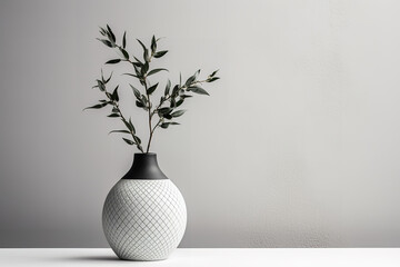 A monochromatic image capturing a black and white photograph with a ceramic vase featuring a subtle geometric pattern, placed against a textured backdrop. 