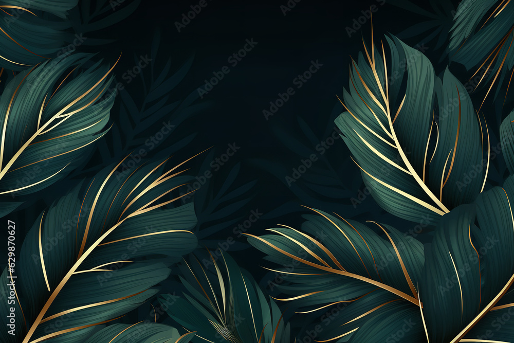 Wall mural Abstract luxury art background with tropical leaves in line art style. Botanical banner for decoration, print, textile, packaging, wallpaper, invitations