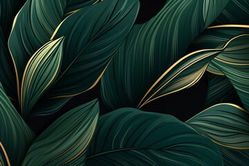 Abstract luxury art background with tropical leaves in line art style. Botanical banner for decoration, print, textile, packaging, wallpaper, invitations