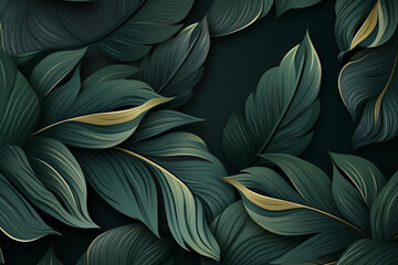 Abstract luxury art background with tropical leaves in line art style. Botanical banner for decoration, print, textile, packaging, wallpaper, invitations