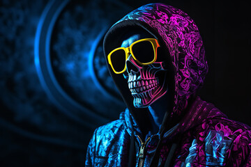 Blacklight, cool skeleton character in fashion urban style,