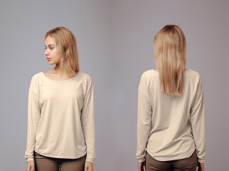 Woman wearing a beige T-shirt with long sleeves. Front and back view