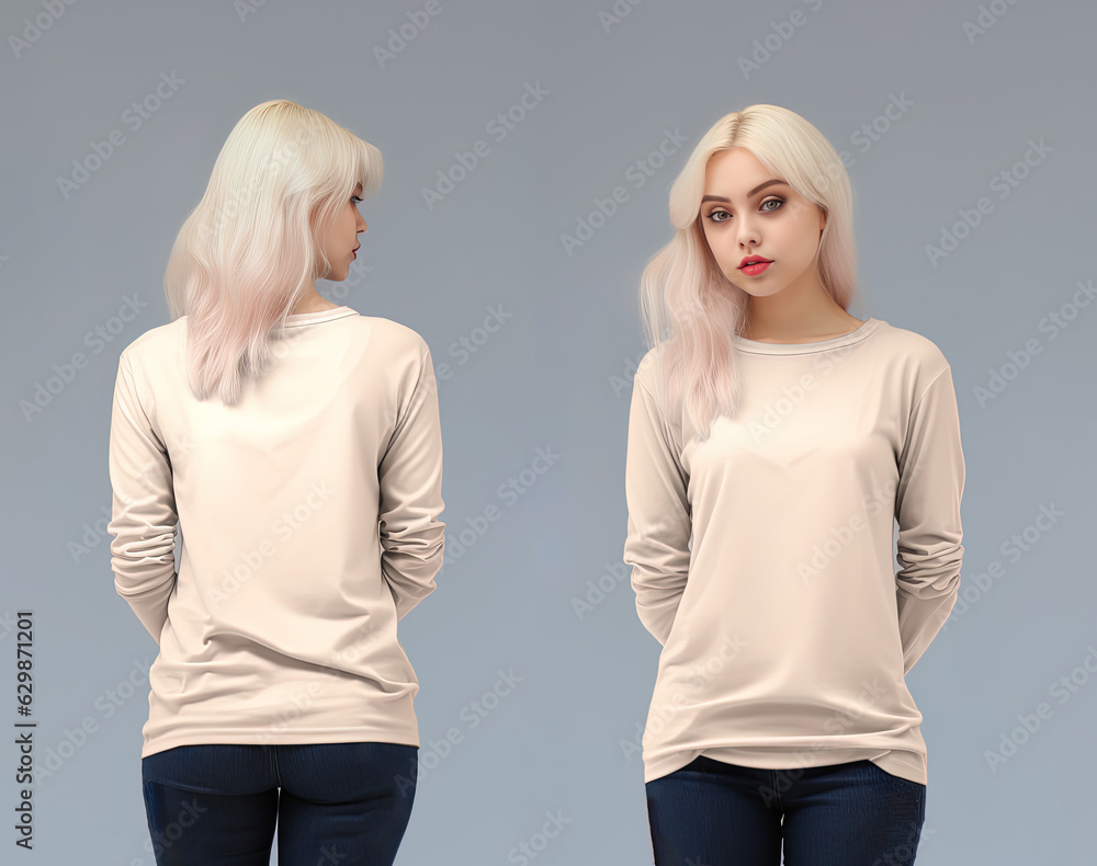 Wall mural woman wearing a beige t-shirt with long sleeves. front and back view