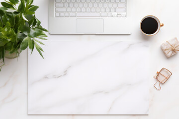 Modern Minimalist Workspace: Picture a flat lay of a women's workspace that embraces modern minimalism. A sleek white desk adorned with a slim laptop, a stylish wireless keyboard, 
