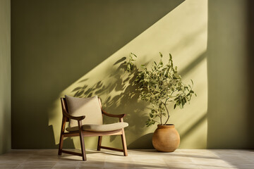 Nature's Harmony: A wooden chair with a natural finish sits harmoniously on a background of warm olive green. The combination of earthy tones creates a soothing ambiance, bringing a touch of the outdo