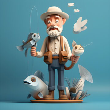 illustration of a fisherman in the style of paper craft, large fish and splashes,  on a blue background styled like a 3d figurine, clay like properties 