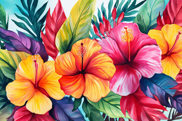 Naklejka premium watercolor-style illustration of tropical leaves and hibiscus patterns. Colorful and pop.