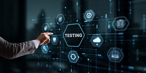 Hand pressing button TESTING inscription. Technology icons