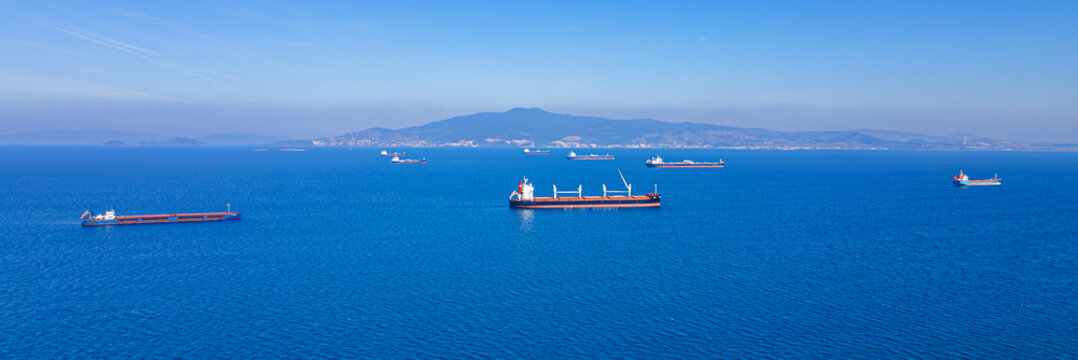 Bulk dry cargo ships anchored in sea waiting loading in industrial port. wide photo