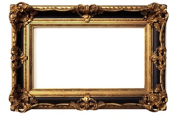 Luxurious vintage. Retro decor. Empty wooden black and gold frame isolated on white background