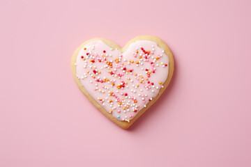 Sugar cookie in heart shape, on pink background. Valentine, love, romance concept. AI generative, illustration.