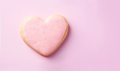 Sugar cookie in heart shape, on pink background. Valentine, love, romance concept. AI generative, illustration.