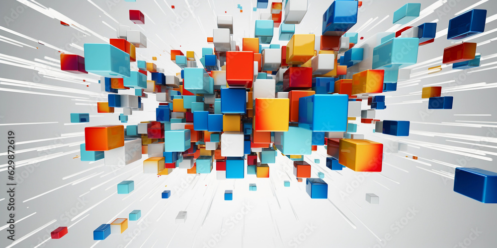 Poster structured chaos of vibrant cuboids levitating in a white void, contrasting colors, generating an op