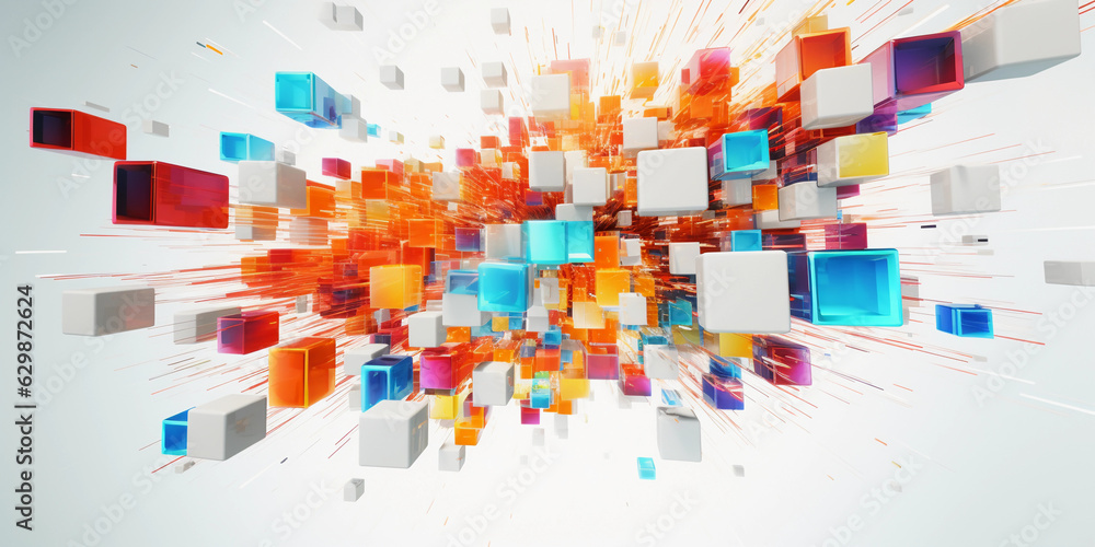 Poster structured chaos of vibrant cuboids levitating in a white void, contrasting colors, generating an op