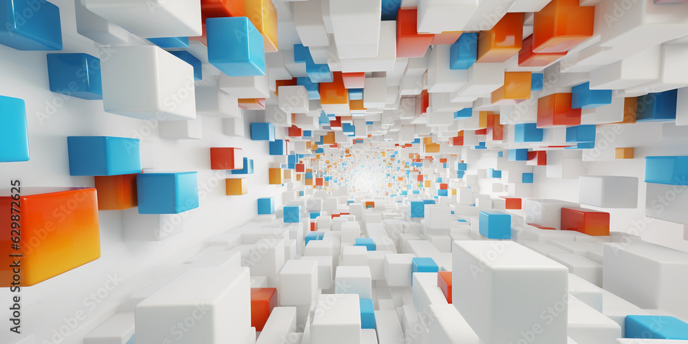 Poster structured chaos of vibrant cuboids levitating in a white void, contrasting colors, generating an op