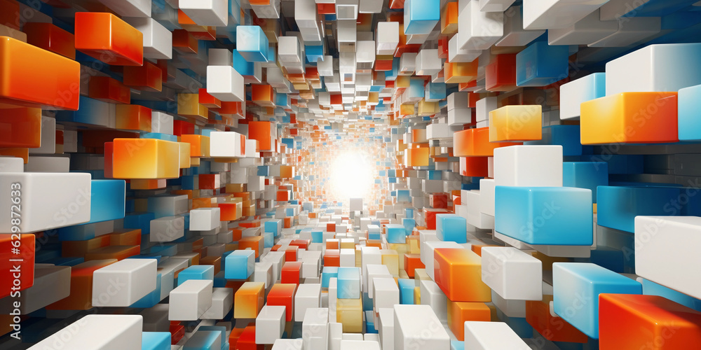 Poster structured chaos of vibrant cuboids levitating in a white void, contrasting colors, generating an op