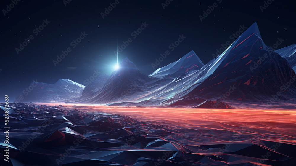 Poster a landscape of angular, crystalline structures, glowing under a synthetic aurora, creating a surreal