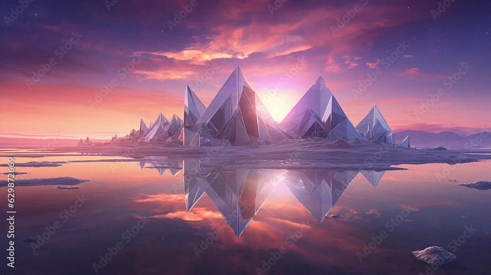 Aufkleber a landscape of angular, crystalline structures, glowing under a synthetic aurora, creating a surreal