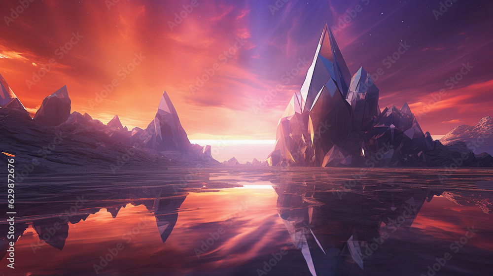 Poster a landscape of angular, crystalline structures, glowing under a synthetic aurora, creating a surreal