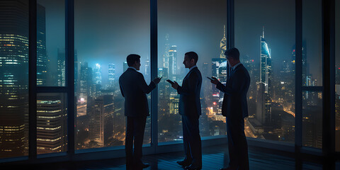 Silhouette of businessman manager in a skyscraper working at night. Digital company network office. Success Mindset Concept