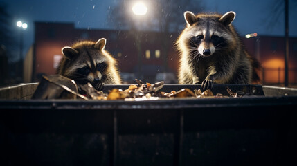A pair of raccoons exploring a city dumpster at dusk, focusing on food scraps, city lights twinkling in the background