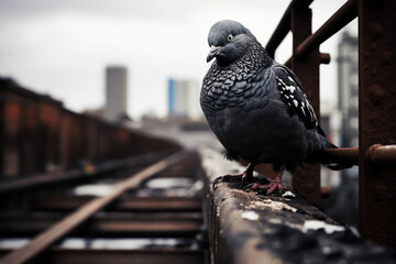 A pigeon perched on an industrial rusted railing, gritty urban backdrop