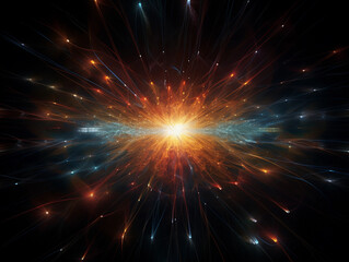an explosion of light captured at the exact moment of detonation, creating a web of radiant, prismatic lines against a dark backdrop