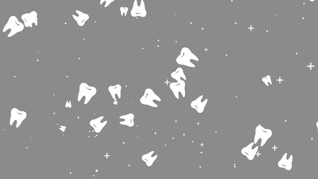 Health care animated drawn cartoon white teeth. Abstract medical grey dental looped background.