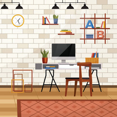 Home office. Interior vector illustration. Work from home. Home office is dedicated space for professional growth and development Furniture in workspace to maximize efficiency and comfort