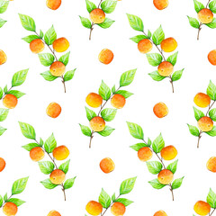 Seamless pattern with peach tree branches, peaches. Watercolor