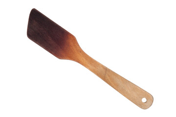 Wooden used large spatula, kitchen tool. Transparent background.