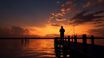 Silhouette of a man fishing off a wooden pier at sunset