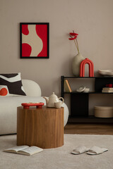 Interior design of modern and cozy living room interior with mock up poster frame, boucle sofa,...