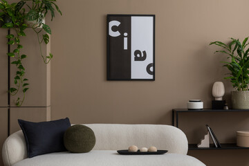 Living room interior with mock up poster frame, white sofa, black consola, plant in flowerpot,...