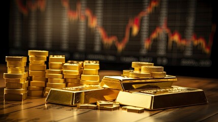 Gold bar on the table with stock price chart background, Generative AI