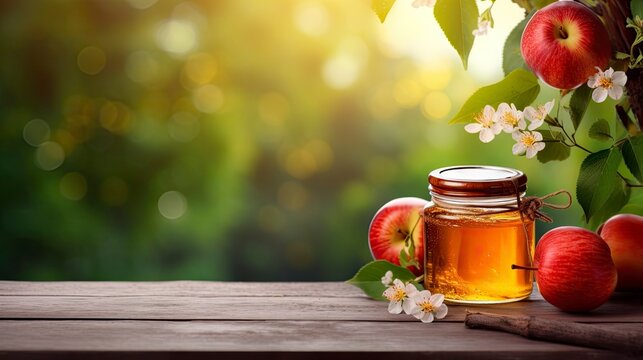 Apple and honey on wood table, Forest background, Generative AI
