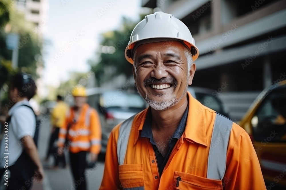 Poster smiling construction engineer looking at camera standing in front of the construction site