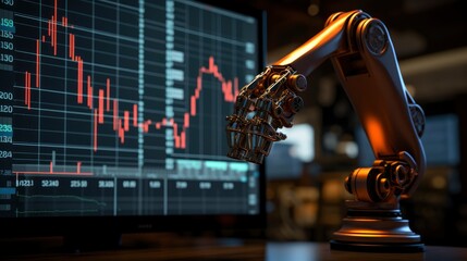 Fototapeta na wymiar Robotic arm on the table with stock price chart background, Generative AI