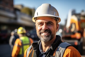 Smiling construction engineer looking at camera standing in front of the construction site