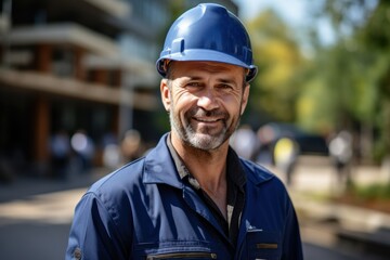 Smiling construction engineer looking at camera standing in front of the construction site