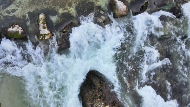 Aerial view of Salza River with a rising motion, Wildalpen, Styria, Austria.