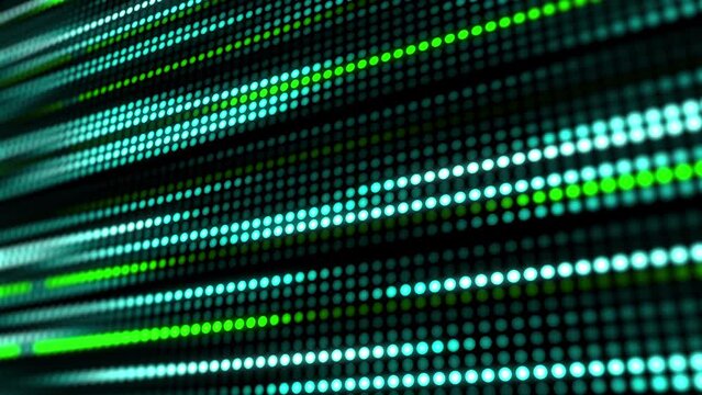 Turquoise and green glowing pixels. LED screen. Effect of movement festive illumination lines. Blurred electronic display background. Looped animation graphics.