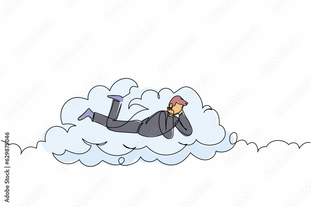 Poster single continuous line drawing dreamer businessman lay on clouds and dreaming or thinking something 