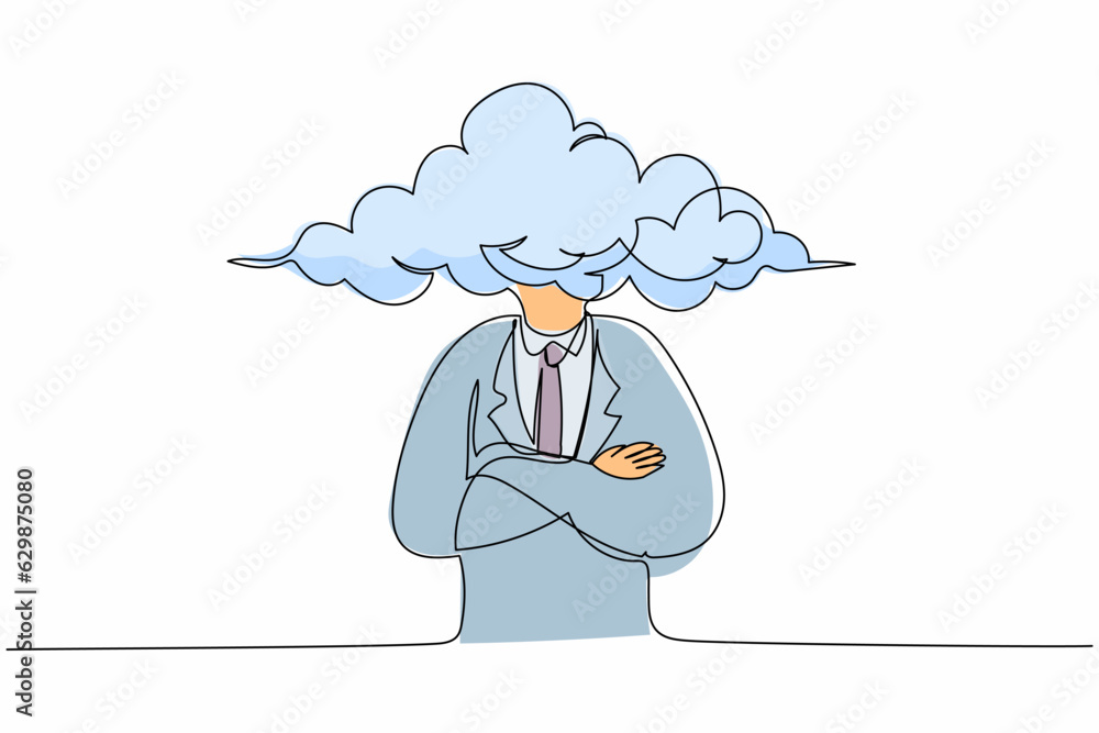 Poster single continuous line drawing cloud head businessman. man with empty head and cloud instead. distra