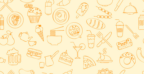 Seamless background. Endless pattern with burger, hot dog, pizza and other food and drinks. Orange vector pattern on a warm light background. Best for restaurants, cafes, bars and food courts