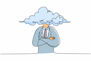 Single continuous line drawing cloud head businessman. Man with empty head and cloud instead. Distracted, daydreaming, absent and impractical concept. One line draw graphic design vector illustration