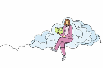 Single one line drawing clever businesswoman sitting on cloud and reading book. Studying for higher education. Pursuit career growth in the office. Continuous line design graphic vector illustration