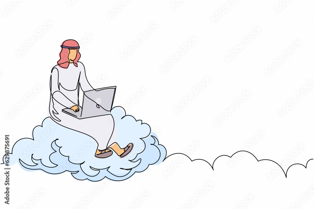 Aufkleber continuous one line drawing arab businessman sitting on cloud in sky and working with laptop. wirele