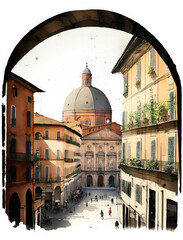 Cityscape of Bologna in Italy. Watercolor illustration. Medieval architecture, travel concept.