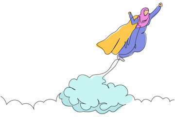 Single continuous line drawing Arabian businesswoman superhero with cloak flying up to success. Business takes off. Power uniqueness business project. One line draw graphic design vector illustration